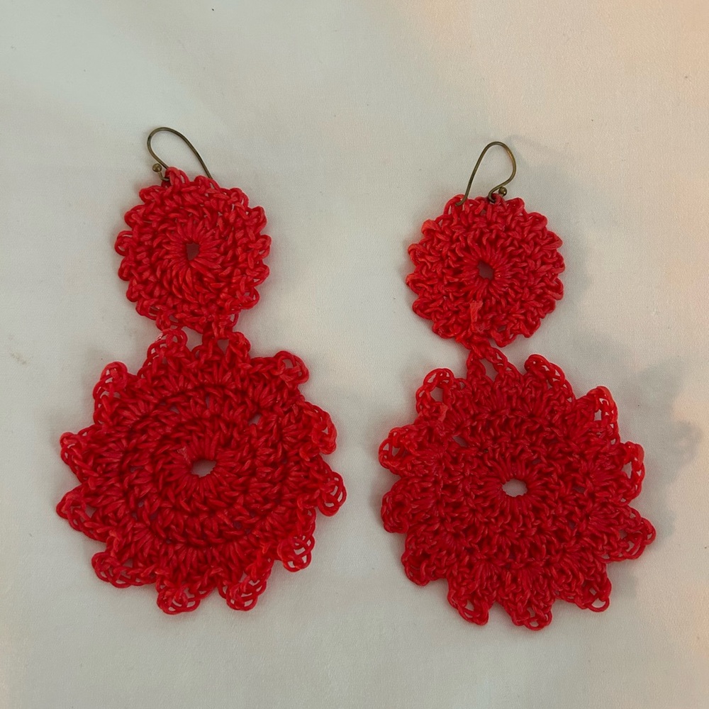Red crochet dangle drop earrings